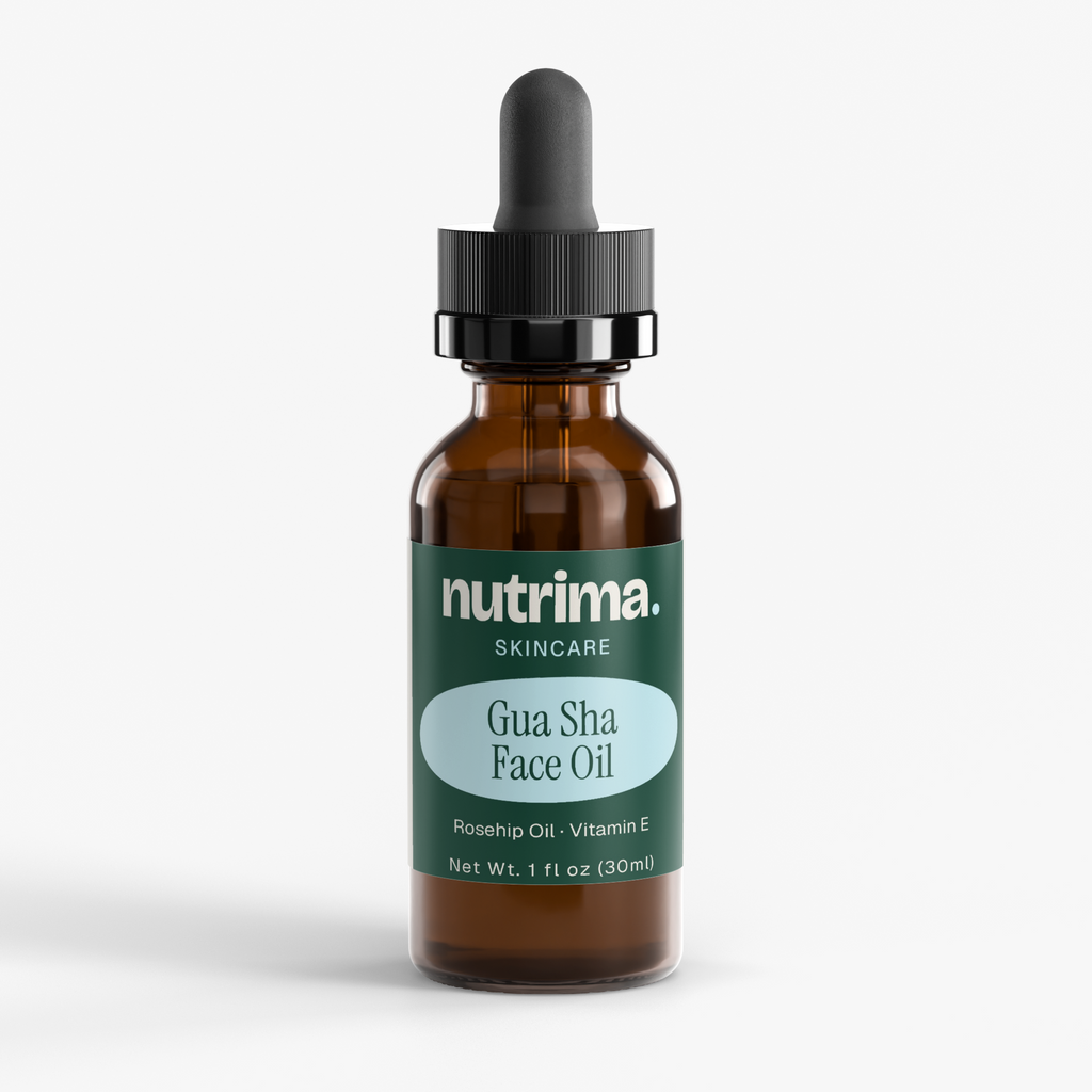 Gua Sha Face Oil in a dark glass dropper bottle, featuring a green label, by nutrima.