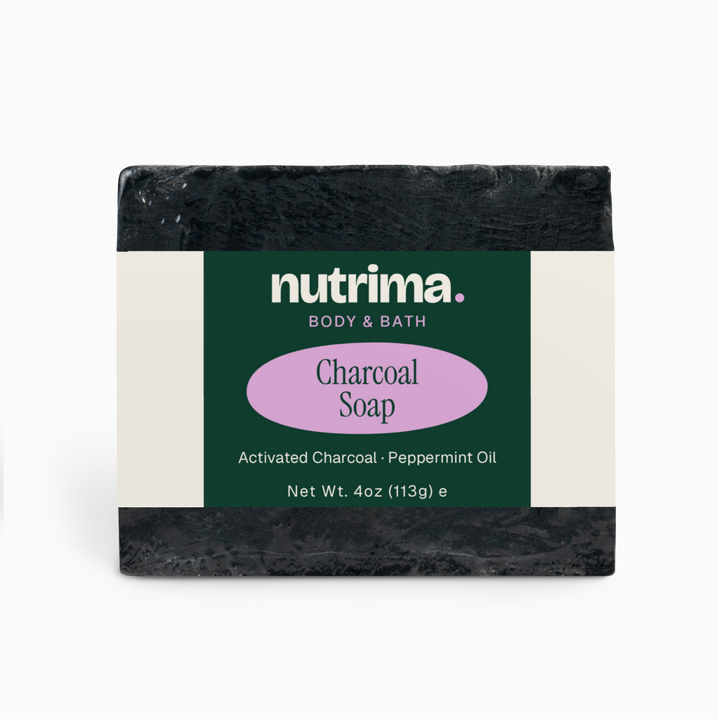 Black Charcoal Soap with a minty scent, featuring distinct packaging design by nutrima.