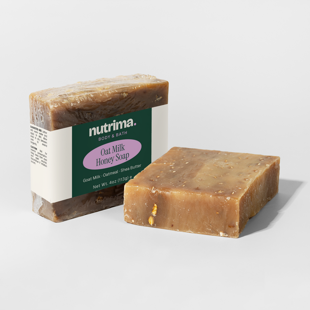 Close-up of Oat Milk Honey Soap showing its smooth texture and brown hue, packaged by nutrima.
