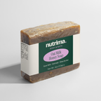 Oat Milk Honey Soap in a clear wrap highlighting its rich brown color and distinctive label by nutrima.