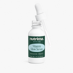 The Vitamin Glow Serum features a sleek white bottle with a dropper, showcasing its nourishing formula by nutrima.
