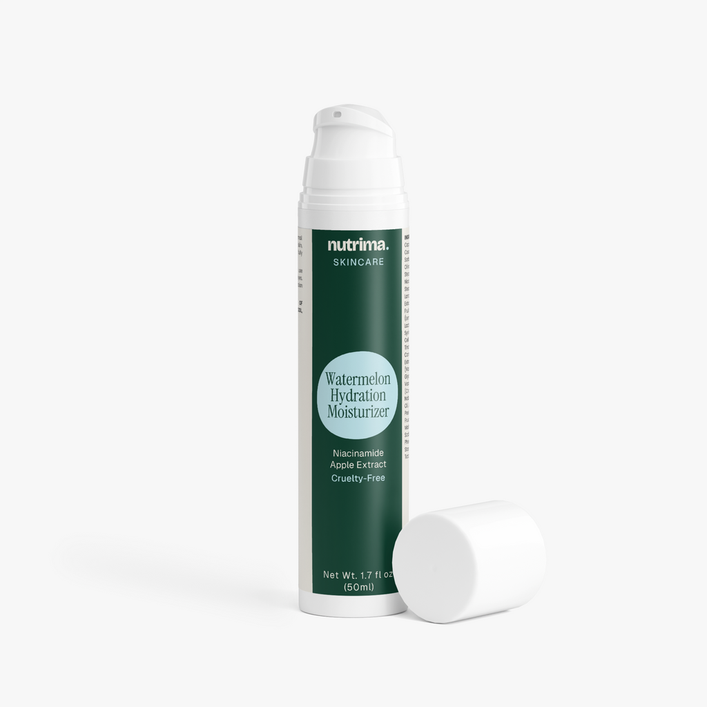 The lightweight Watermelon Hydration Moisturizer by nutrima is shown with its cap off, featuring a green and white design.