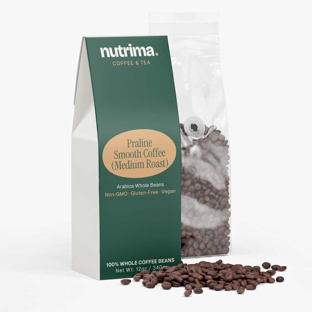 Distinctive packaging of Praline Smooth Coffee (Medium Roast) with coffee beans spilling out, by nutrima.