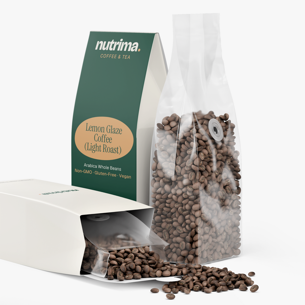 Lemon Glaze Coffee (Light Roast) in a resealable bag with spilled beans, showcased with packaging by nutrima.