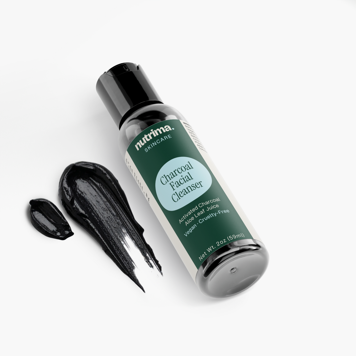 Black Charcoal Facial Cleanser with sleek packaging and product swatch, showcasing its vegan formula by nutrima.