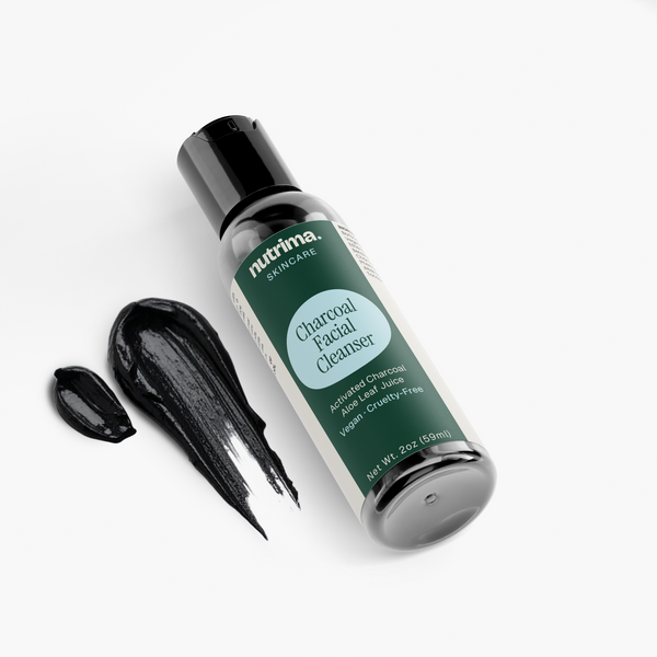 Black Charcoal Facial Cleanser with sleek packaging and product swatch, showcasing its vegan formula by nutrima.