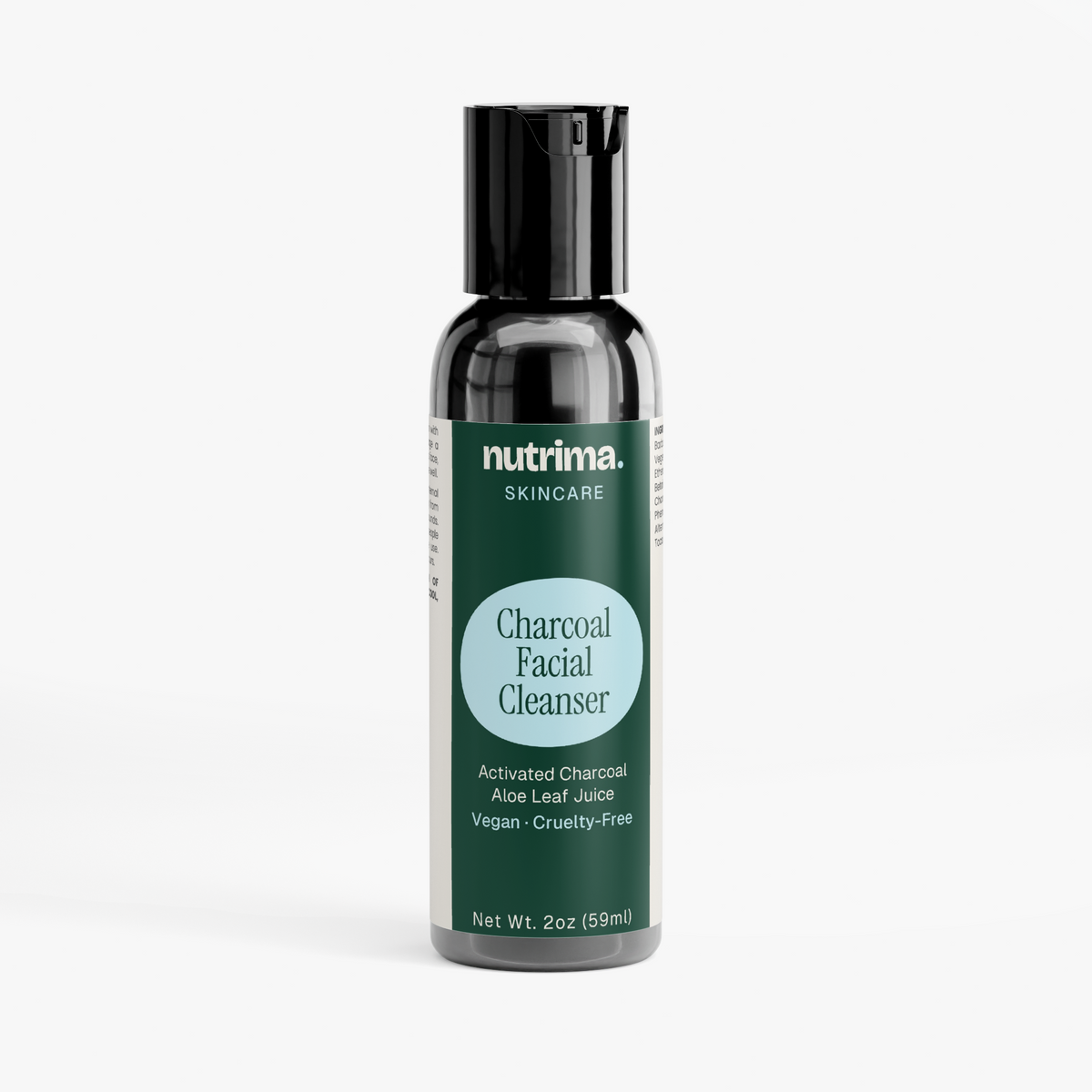 Black pump bottle of Charcoal Facial Cleanser, featuring a green label and silver accents, by nutrima.