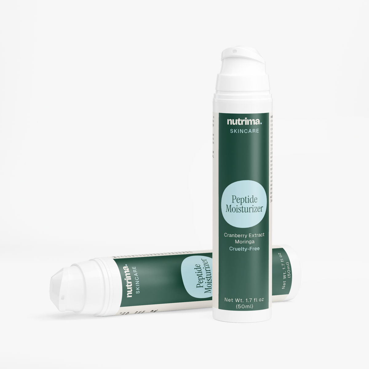 Two bottles of Peptide Moisturizer in a sleek design feature cranberry extract and moringa by nutrima.