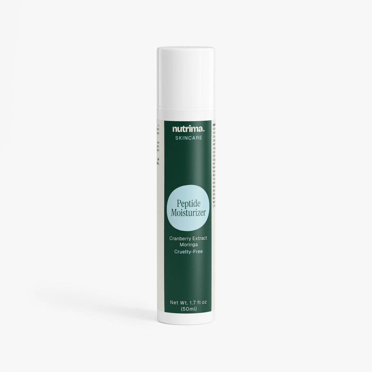 Dark green tube with a white cap labeled "Peptide Moisturizer" prominently displayed by nutrima.