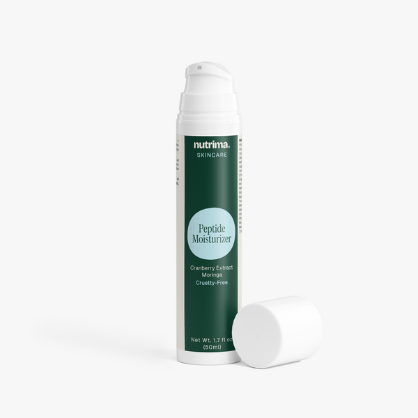 Green and white bottle of Peptide Moisturizer with the cap off, featuring cranberry extract and moringa by nutrima.