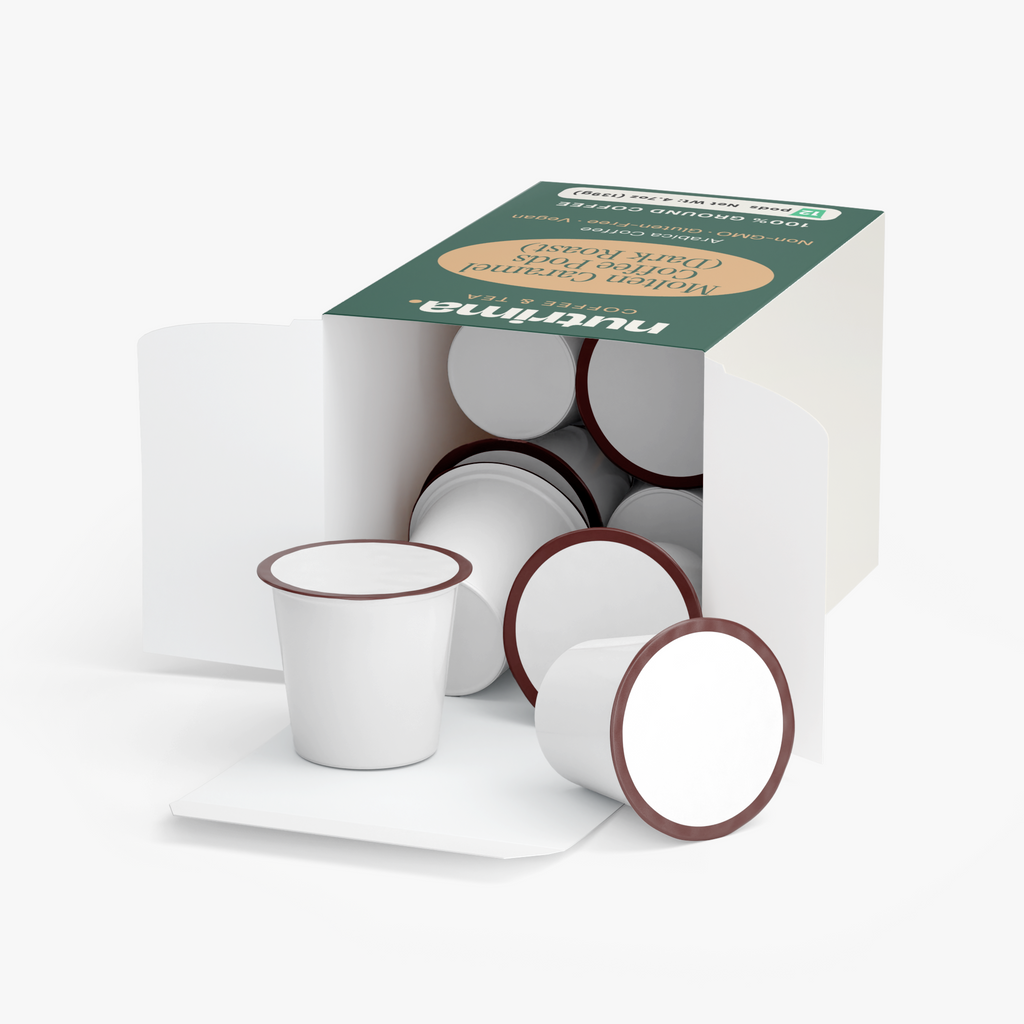 White Molten Caramel Coffee Pods with burgundy rim, partially in an open box, by nutrima.