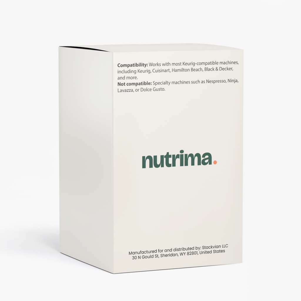 Packaging front of Molten Caramel Coffee Pods (Dark Roast), featuring a sleek white design and the brand name nutrima.