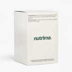 Packaging front of Molten Caramel Coffee Pods (Dark Roast), featuring a sleek white design and the brand name nutrima.