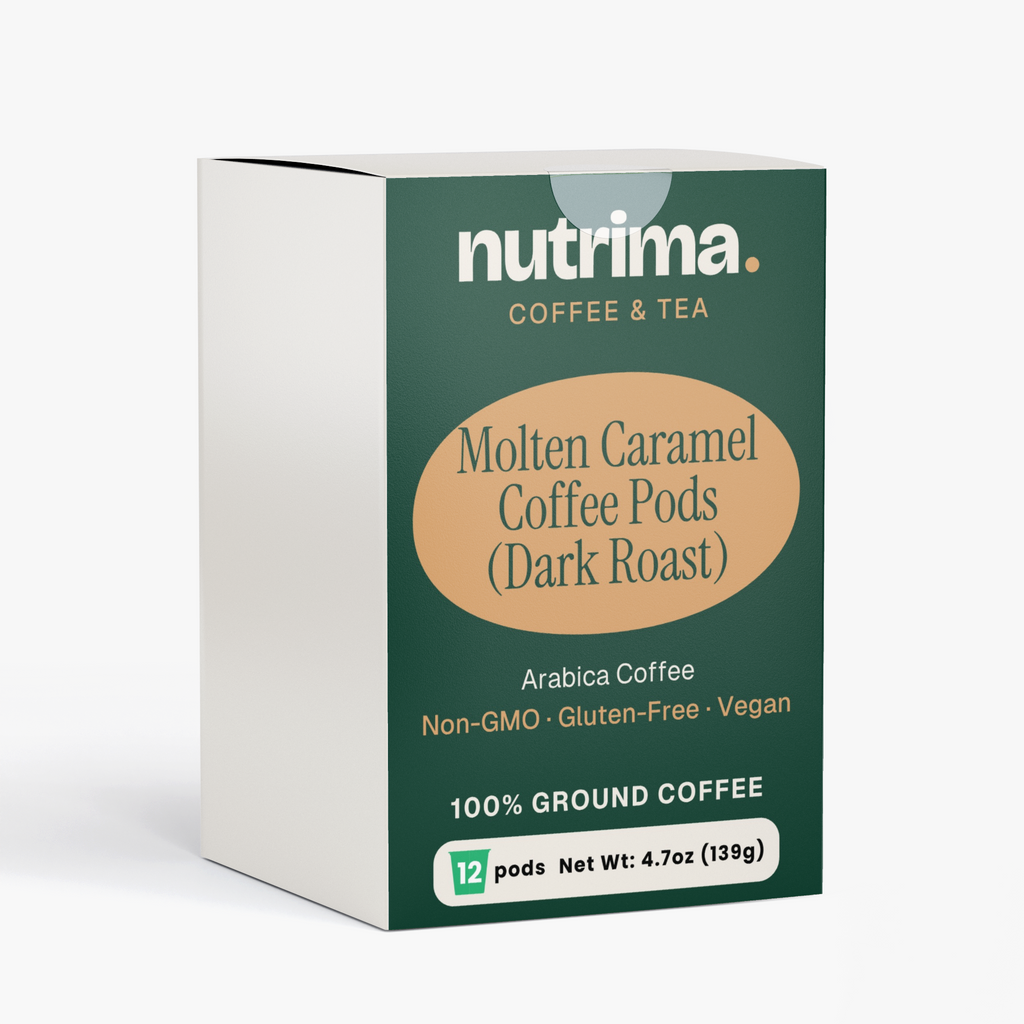 Distinctive green and tan packaging of Molten Caramel Coffee Pods (Dark Roast) showcases 12 pods by nutrima.