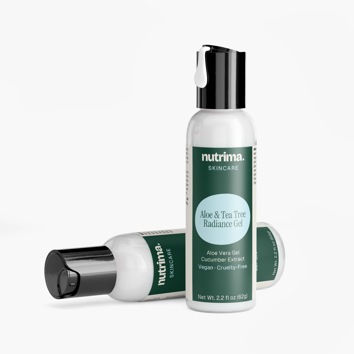 Two bottles of Aloe & Tea Tree Radiance Gel featuring a sleek design and pump tops, by nutrima.