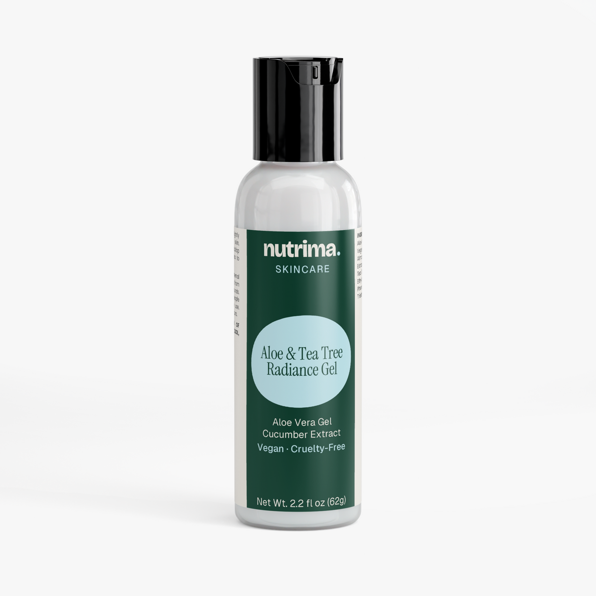 The Aloe & Tea Tree Radiance Gel features a sleek bottle design by nutrima, showcasing its natural skincare formula.