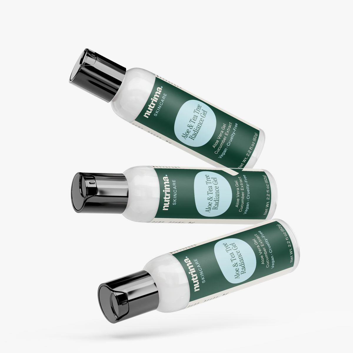 Three bottles of Aloe & Tea Tree Radiance Gel in a floating arrangement, showcasing the skincare product by nutrima.