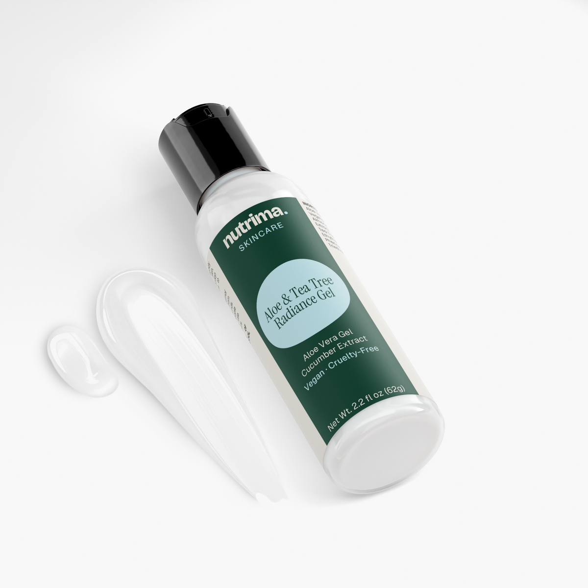Aloe & Tea Tree Radiance Gel by nutrima, with a smooth gel texture, displayed alongside a dollop on a white background.