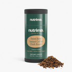 Tall cylindrical packaging of Sweet Brew Instant Coffee (Dark Roast) with granules spilled out by nutrima.