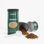 Sweet Brew Instant Coffee (Dark Roast) by nutrima in green packaging, with coffee granules and a measuring spoon.