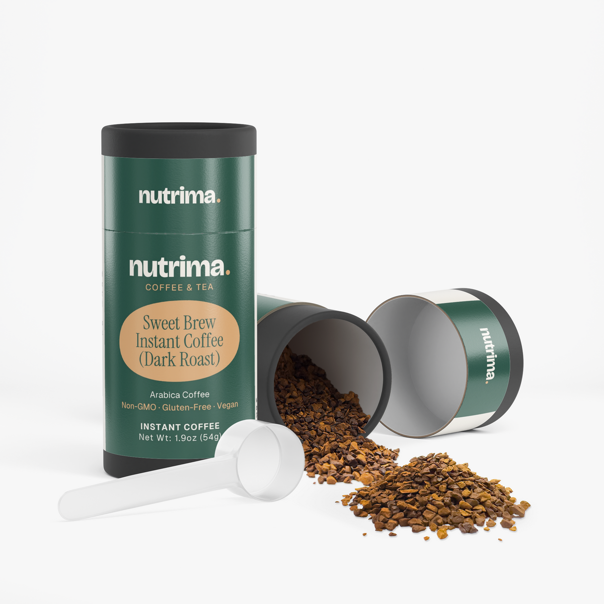 Sweet Brew Instant Coffee (Dark Roast) by nutrima in green packaging, with coffee granules and a measuring spoon.