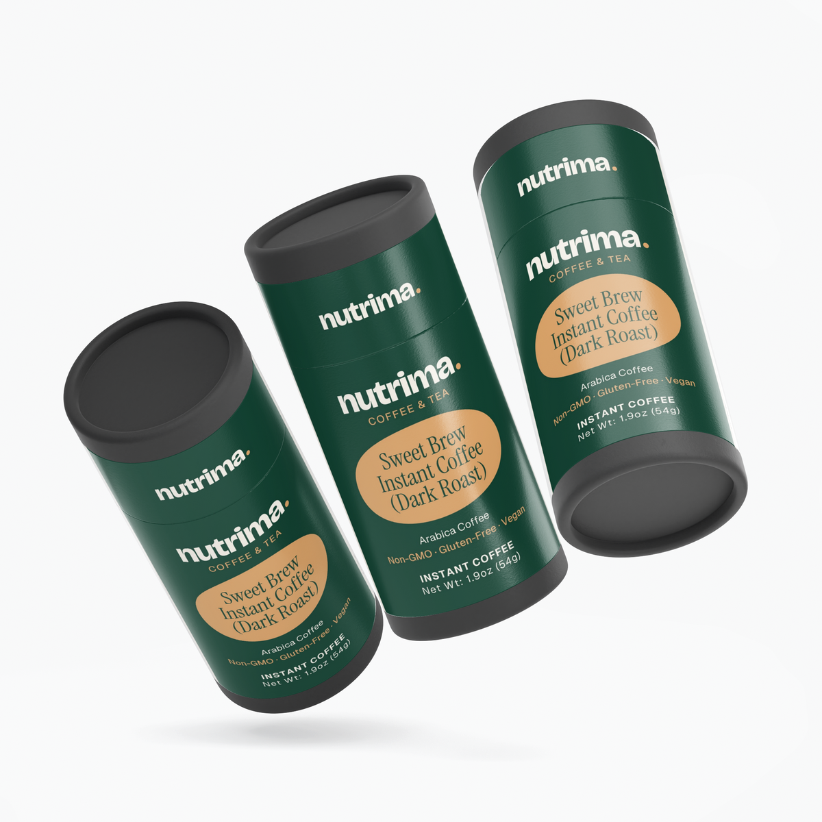 Three cylindrical containers of Sweet Brew Instant Coffee (Dark Roast) by nutrima showcasing a rich green design.