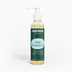 Translucent yellow Gentle Cleansing Gel bottle with pump, highlighting watermelon and licorice extracts by nutrima.