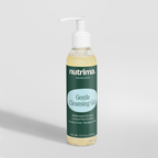 Transparent bottle of Gentle Cleansing Gel with pump, featuring a green label and watermelon extract, by nutrima.