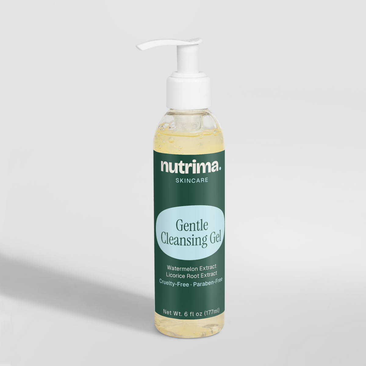 Transparent bottle of Gentle Cleansing Gel with pump, featuring a green label and watermelon extract, by nutrima.