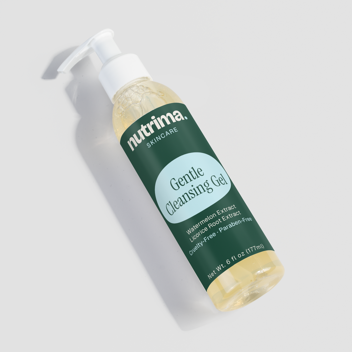Clear bottle of Gentle Cleansing Gel featuring a pump cap and green label, showcasing its hydrating formula by nutrima.