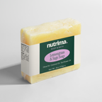 Lemongrass & Sage Soap in clear packaging, showcasing a vibrant yellow color and branded label by nutrima.