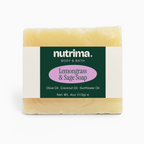 Lemongrass & Sage Soap with olive, coconut, and sunflower oils, presented in a clean, distinct packaging by nutrima.