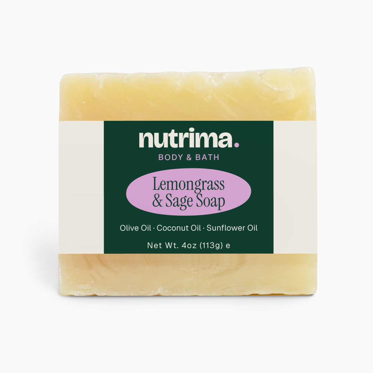 Lemongrass & Sage Soap with olive, coconut, and sunflower oils, presented in a clean, distinct packaging by nutrima.