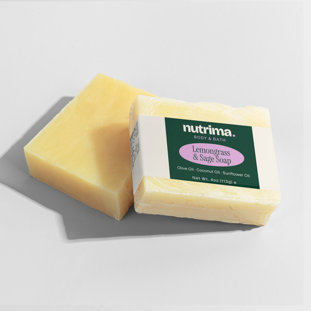 Two bars of yellow Lemongrass & Sage Soap with packaging, showcasing its natural ingredients by nutrima.