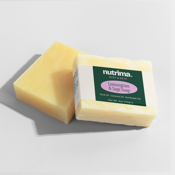Two bars of yellow Lemongrass & Sage Soap with packaging, showcasing its natural ingredients by nutrima.