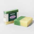 The Aloe & Cool Cucumber Soap features a green and yellow layered design, displayed with its packaging by nutrima.