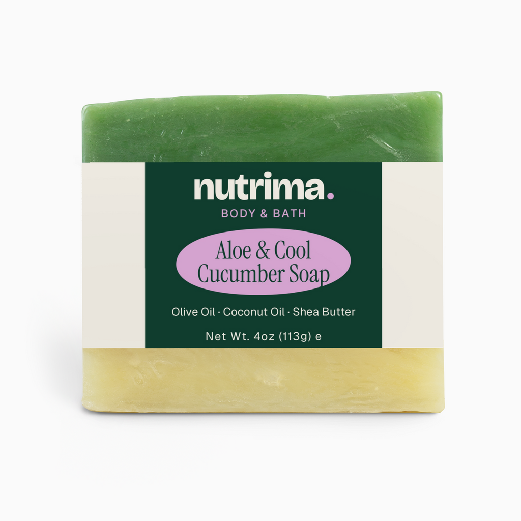 Green and yellow bar of Aloe & Cool Cucumber Soap with a labeled packaging by nutrima.