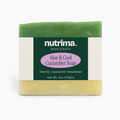 Green and yellow bar of Aloe & Cool Cucumber Soap with a labeled packaging by nutrima.