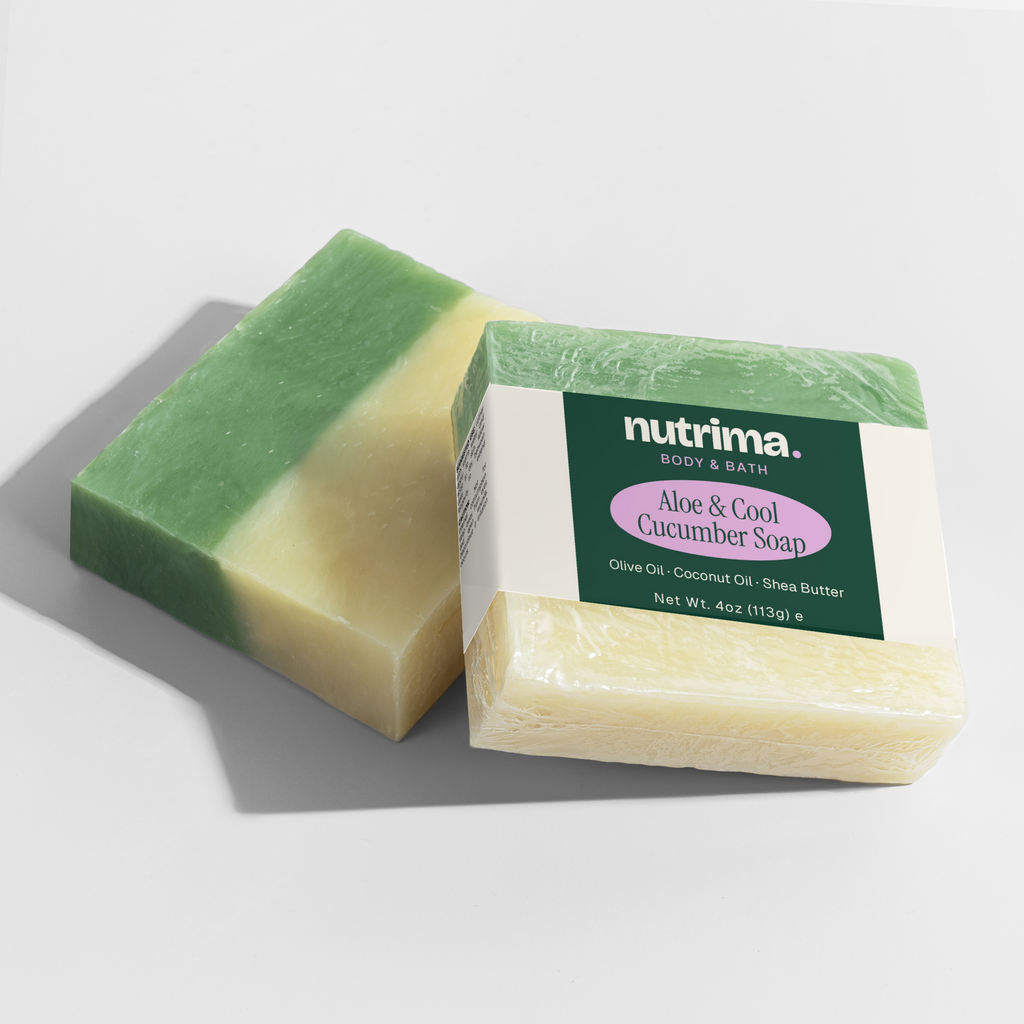 Aloe & Cool Cucumber Soap displays a green and yellow bar with a label, showing its natural ingredients, by nutrima.