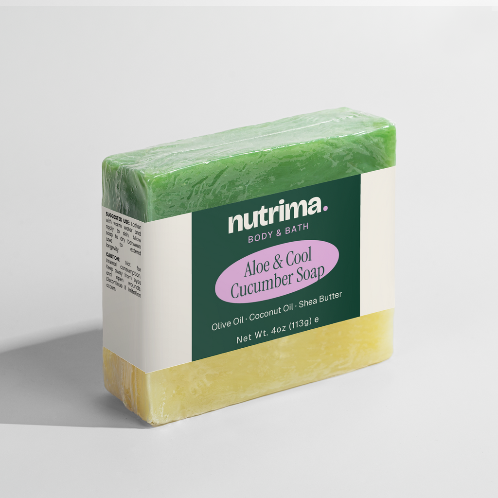 Colorful Aloe & Cool Cucumber Soap featuring green and yellow layers, encased in simple packaging by nutrima.