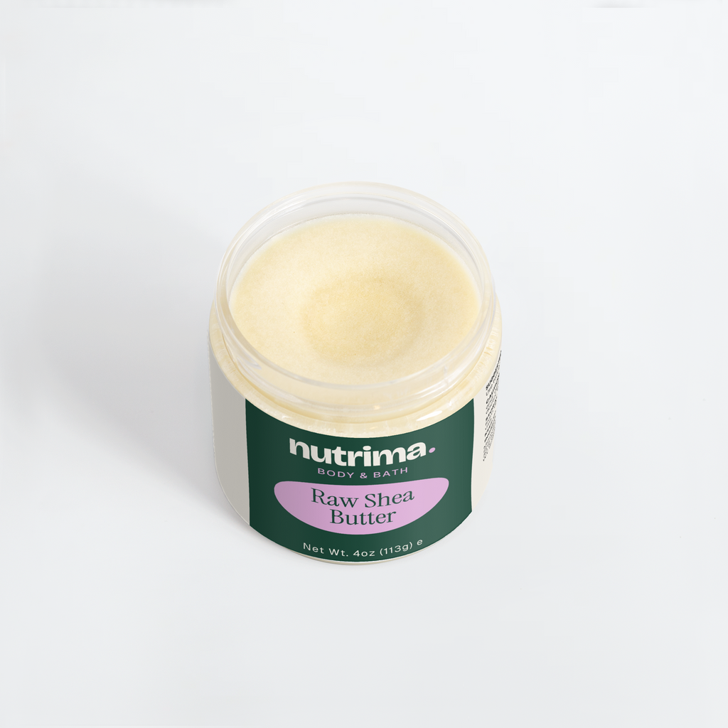 Open jar of creamy Raw Shea Butter showcasing its smooth texture and labeled packaging by nutrima.