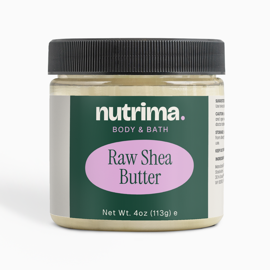 A clear jar of Raw Shea Butter with a black lid and green label, 4 oz, by nutrima.
