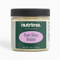 A clear jar of Raw Shea Butter with a black lid and green label, 4 oz, by nutrima.