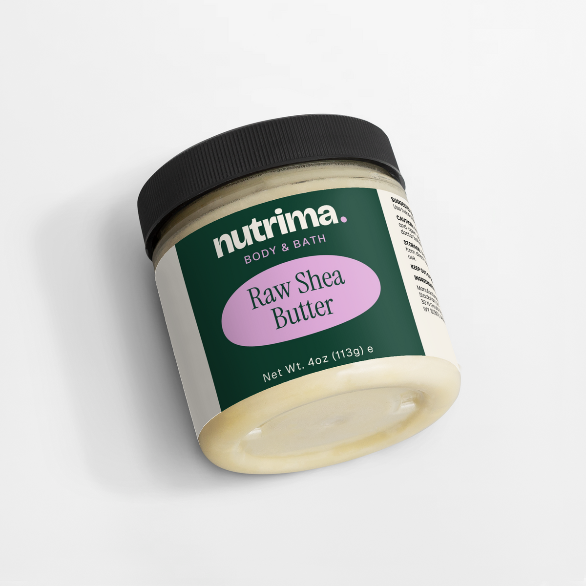 Jar of Raw Shea Butter with a black lid and green label, showcasing its creamy texture, by nutrima.