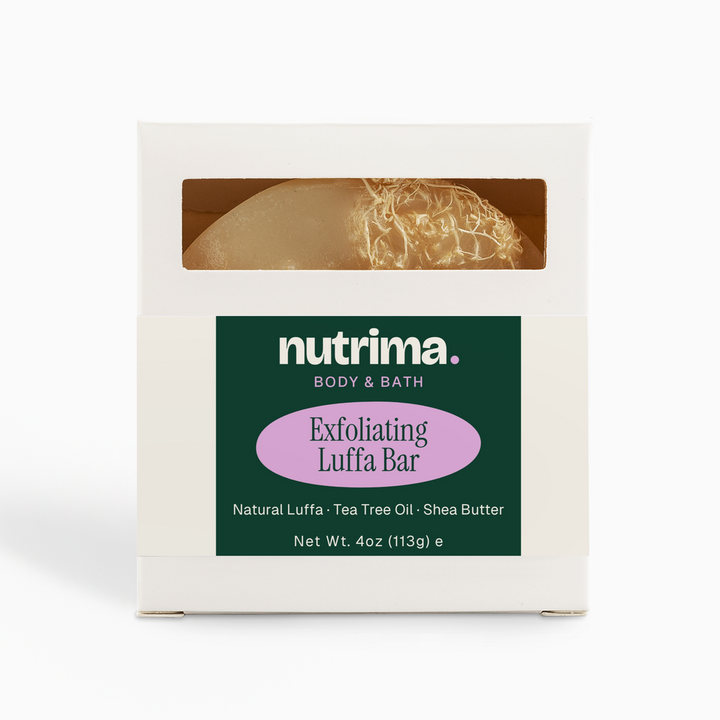 Exfoliating Luffa Bar shown in packaging with a clear window, featuring natural luffa and tea tree oil by nutrima.