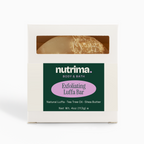 Exfoliating Luffa Bar shown in packaging with a clear window, featuring natural luffa and tea tree oil by nutrima.