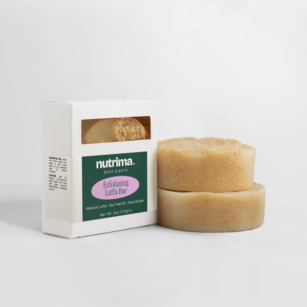 Exfoliating Luffa Bar with visible luffa texture, packaged in a white box, by nutrima.