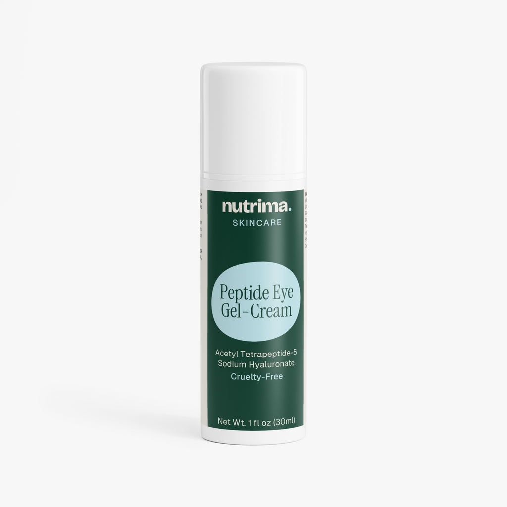 Peptide Eye Gel-Cream features a sleek pump bottle with a dark green label and a light blue accent, by nutrima.