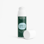 Peptide Eye Gel-Cream in a pump bottle alongside its white cap, showcasing a sleek design by nutrima.