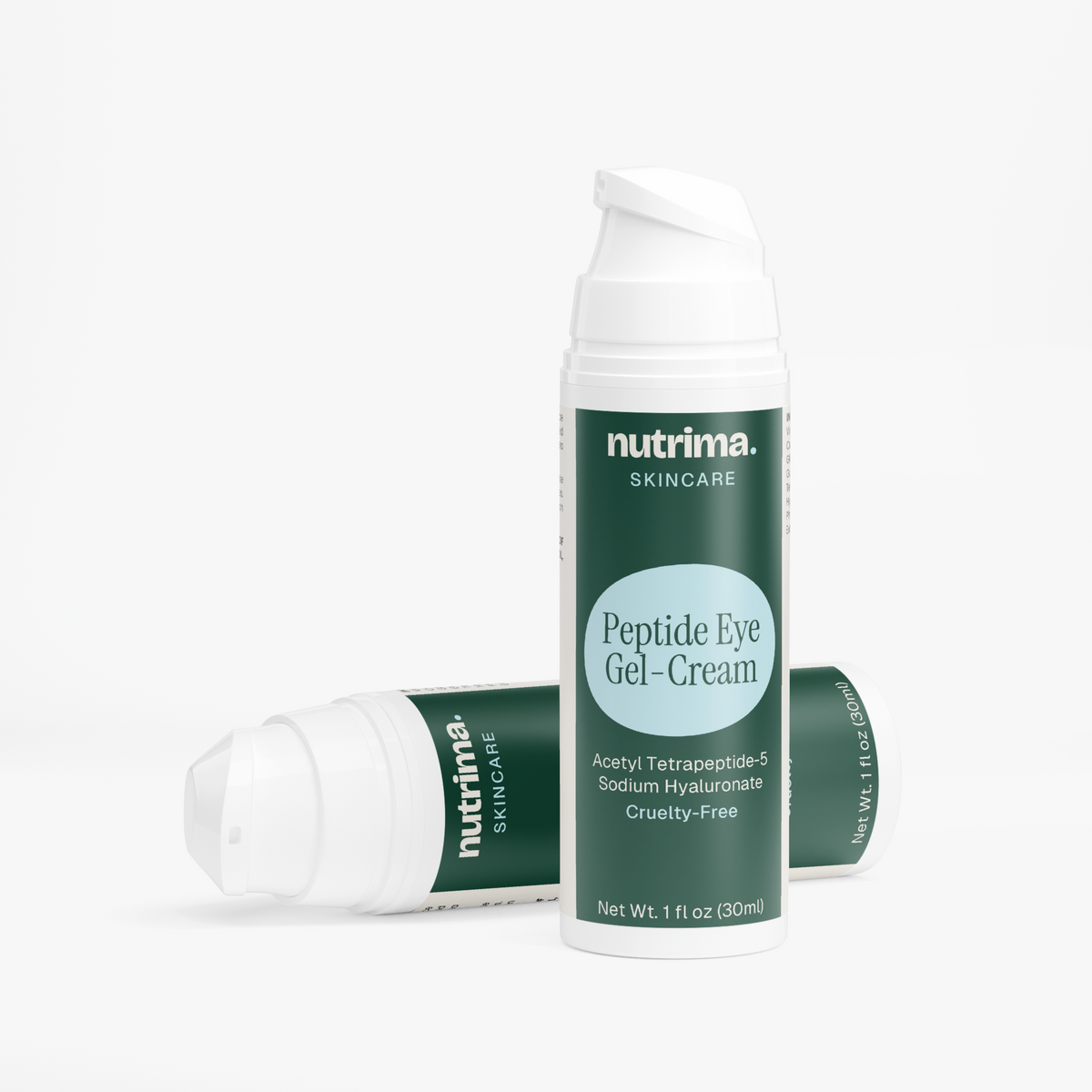 Two bottles of Peptide Eye Gel-Cream displayed at an angle, featuring a green label and pump top by nutrima.